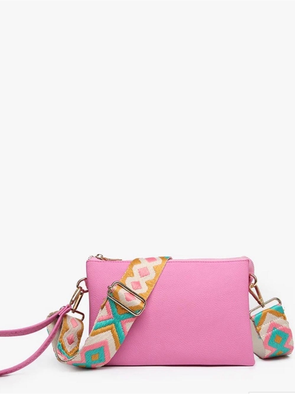Peony Pink Crossbody Bag with Removable Colorful Woven Strap